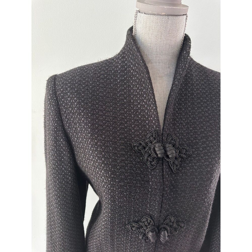 Vintage Asian Style Frog Closure Textured Tweed Jacket Black Mandarin Collar XL - Picture 4 of 8